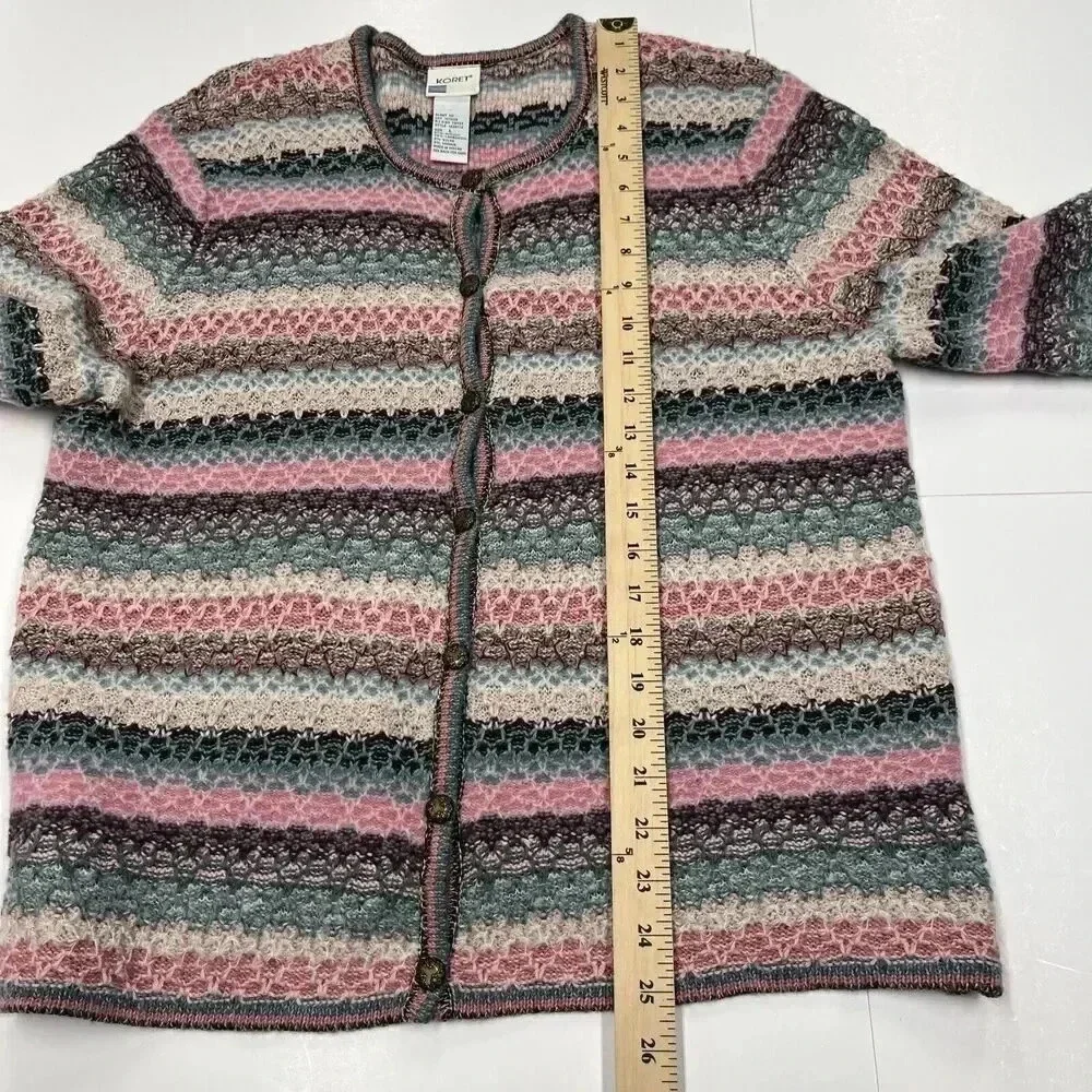 vtg KORET Boho Wool Mohair Cardigan Sweater Sz L Button Up Multicolor